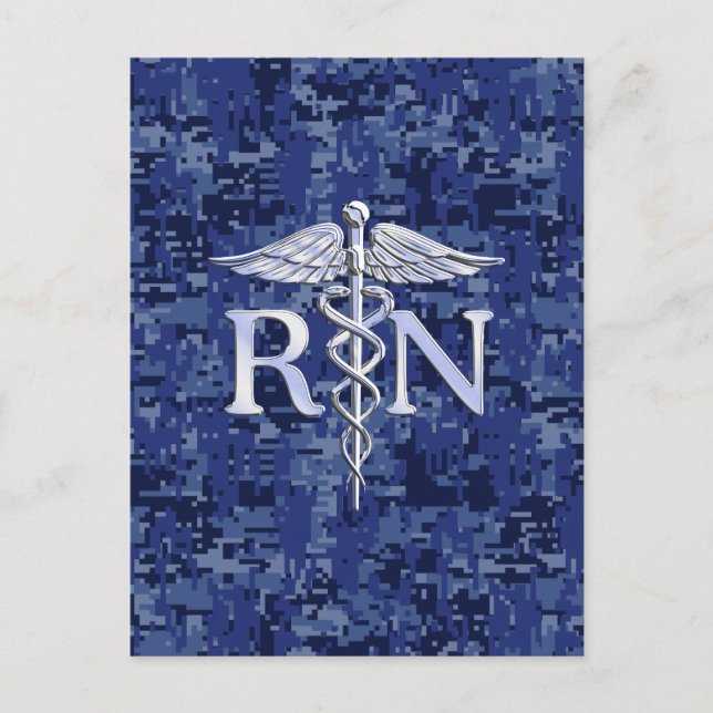 Registered Nurse RN Silver Caduceus on Navy Camo Postcard (Front)