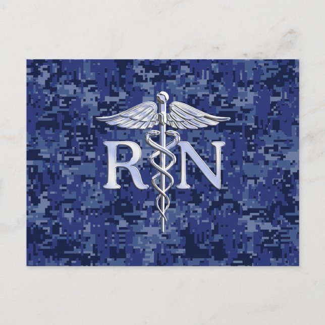Registered Nurse RN Silver Caduceus on Navy Camo Postcard (Front)