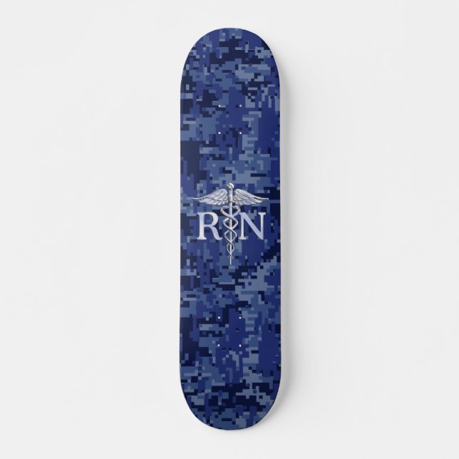 Registered Nurse RN Silver Caduceus on Navy Camo Skateboard (Front)