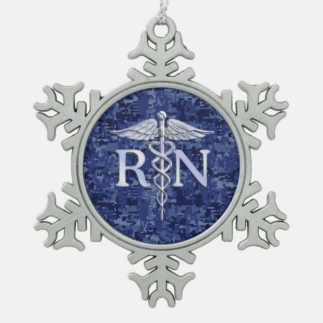 Registered Nurse RN Silver Caduceus on Navy Camo Snowflake Pewter Christmas Ornament (Front)