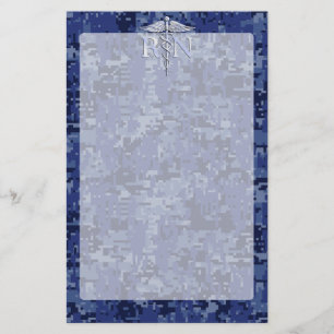Registered Nurse RN Silver Caduceus on Navy Camo Stationery