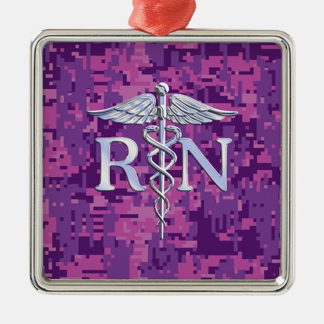 Registered Nurse RN Silver Caduceus on Pink Camo Metal Tree Decoration (Front)