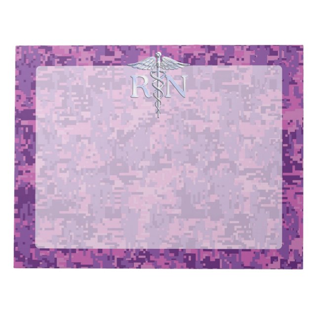 Registered Nurse RN Silver Caduceus on Pink Camo Notepad (Front)