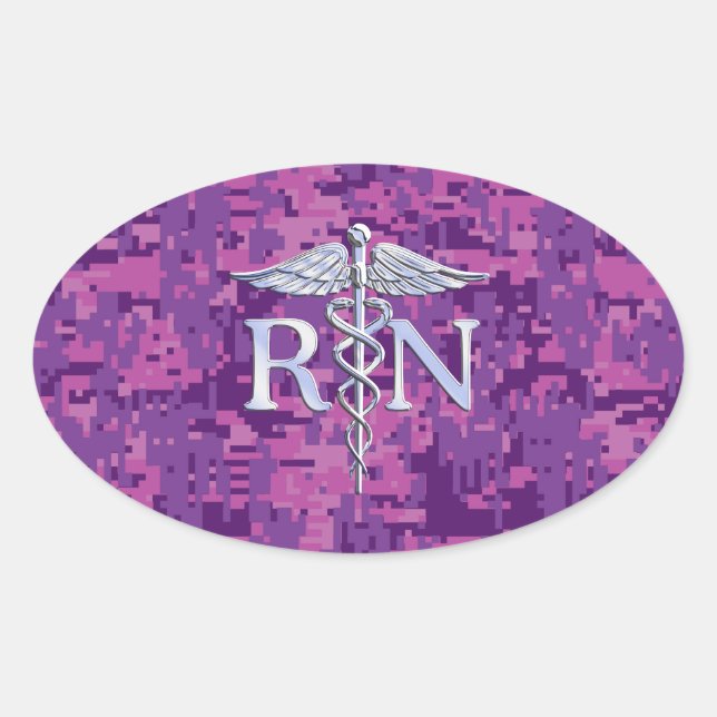 Registered Nurse RN Silver Caduceus on Pink Camo Oval Sticker (Front)