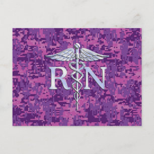 Registered Nurse RN Silver Caduceus on Pink Camo Postcard