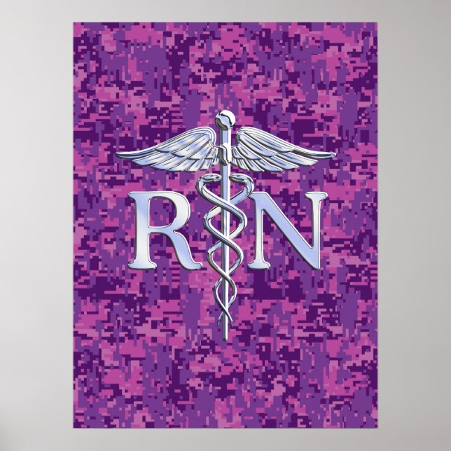 Registered Nurse RN Silver Caduceus on Pink Camo Poster (Front)