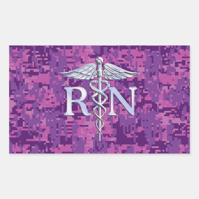 Registered Nurse RN Silver Caduceus on Pink Camo Rectangular Sticker (Front)
