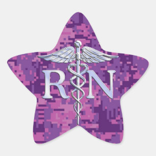 Registered Nurse RN Silver Caduceus on Pink Camo Star Sticker