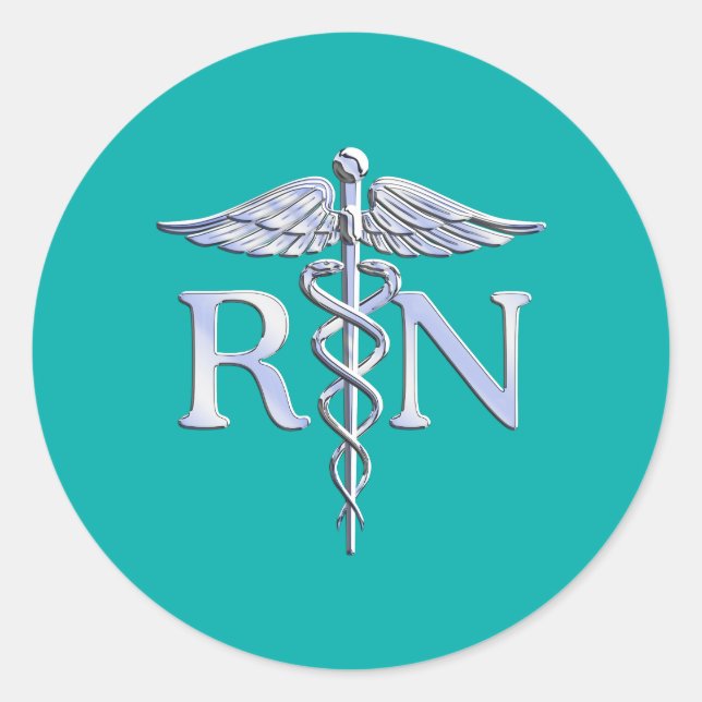 Registered Nurse RN Silver Caduceus on Turquoise Classic Round Sticker (Front)
