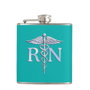 Registered Nurse RN Silver Caduceus on Turquoise Hip Flask