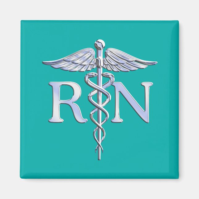 Registered Nurse RN Silver Caduceus on Turquoise Magnet (Front)