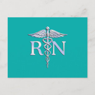 Registered Nurse RN Silver Caduceus on Turquoise Postcard