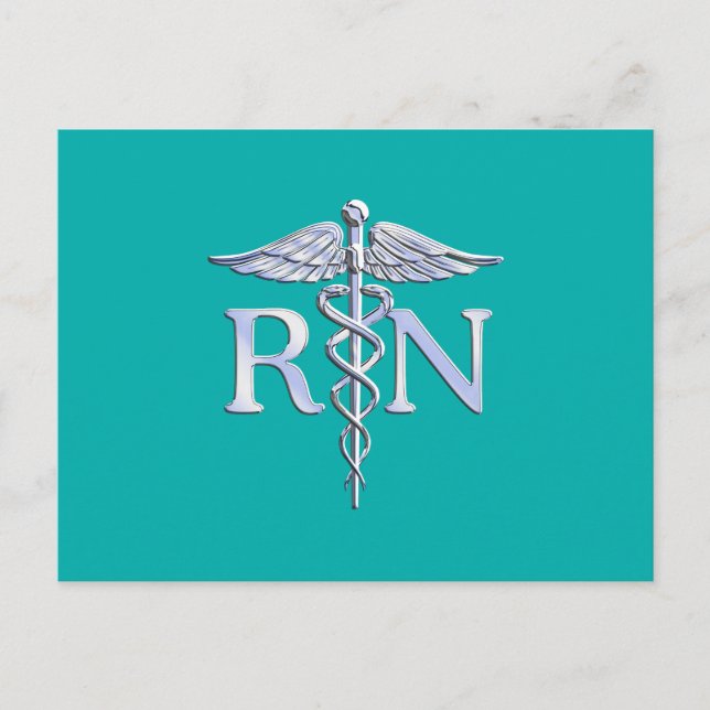 Registered Nurse RN Silver Caduceus on Turquoise Postcard (Front)