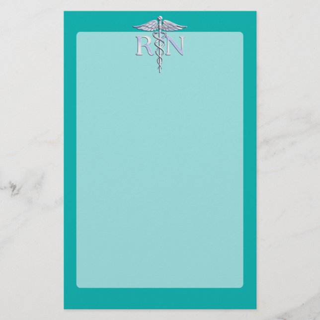 Registered Nurse RN Silver Caduceus on Turquoise Stationery (Front)