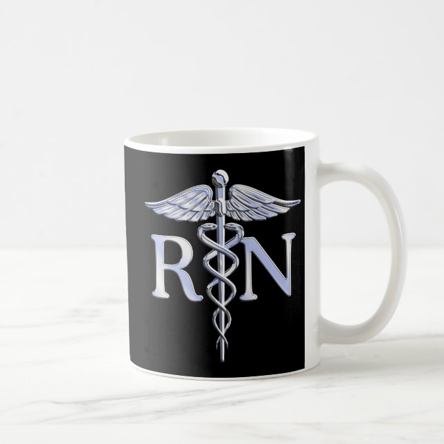Registered Nurse RN Silver Caduceus Snakes Black Coffee Mug (Right)