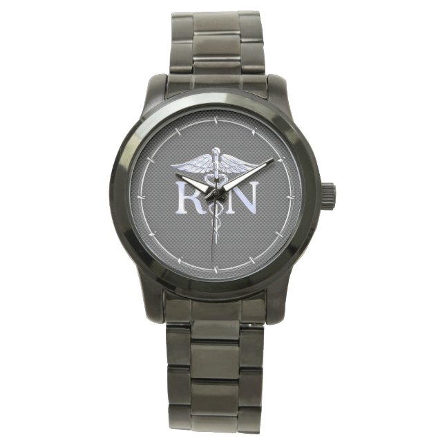 Registered Nurse RN Silver Caduceus Snakes Watch (Front)