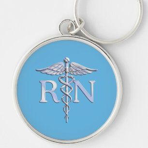 Registered Nurse RN Silver Like Caduceus Baby Blue Key Ring