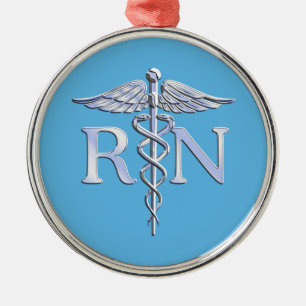 Registered Nurse RN Silver Like Caduceus Baby Blue Metal Tree Decoration