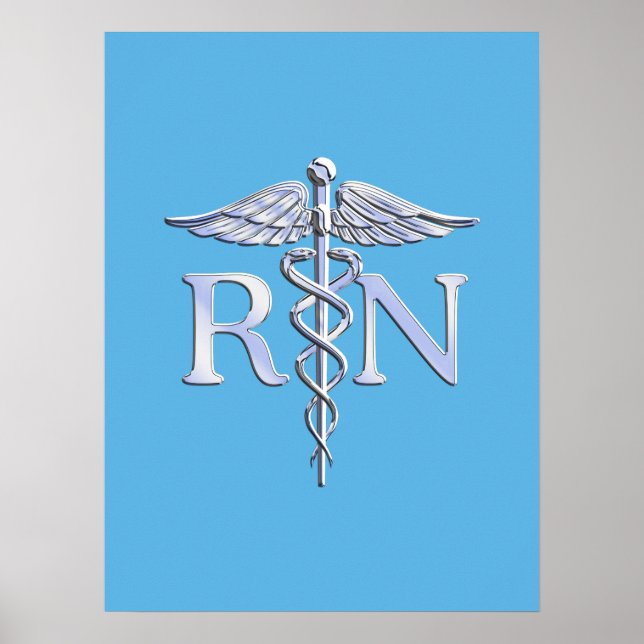 Registered Nurse RN Silver Like Caduceus Baby Blue Poster (Front)