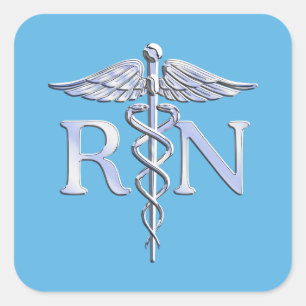 Registered Nurse RN Silver Like Caduceus Baby Blue Square Sticker