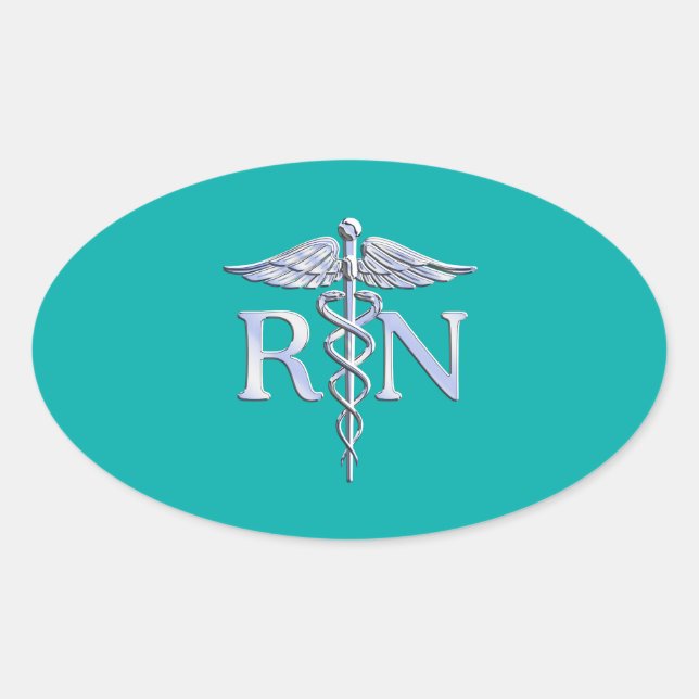 Registered Nurse RN Stylish Caduceus on Turquoise Oval Sticker (Front)