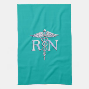 Registered Nurse RN Stylish Caduceus on Turquoise Tea Towel