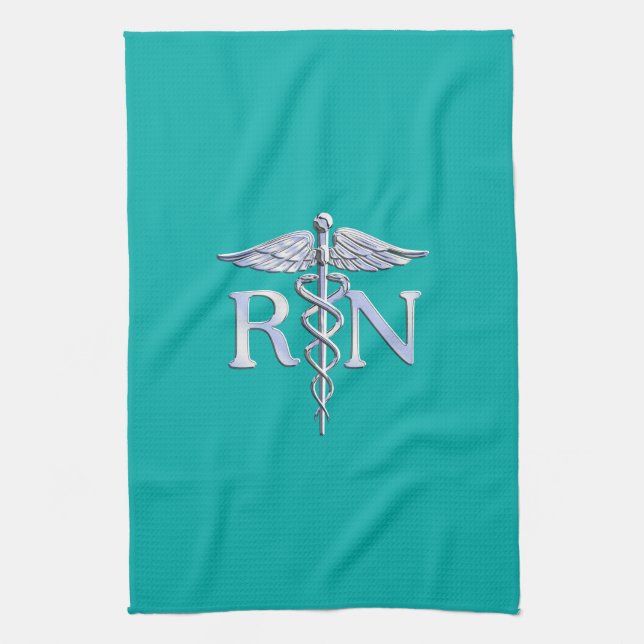 Registered Nurse RN Stylish Caduceus on Turquoise Tea Towel (Vertical)