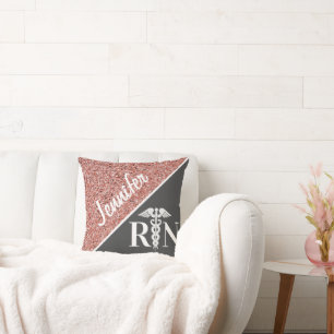 Registered Nurse Rose Gold Pink Glitter Monogram Cushion