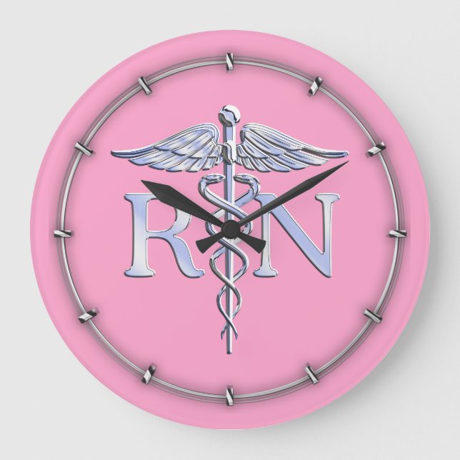 Registered Nurse Silver Caduceus Light Pink Decor Large Clock (Front)