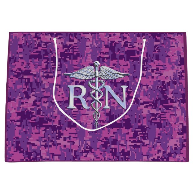 Registered Nurse Silver Caduceus Pink Camouflage Large Gift Bag (Front)