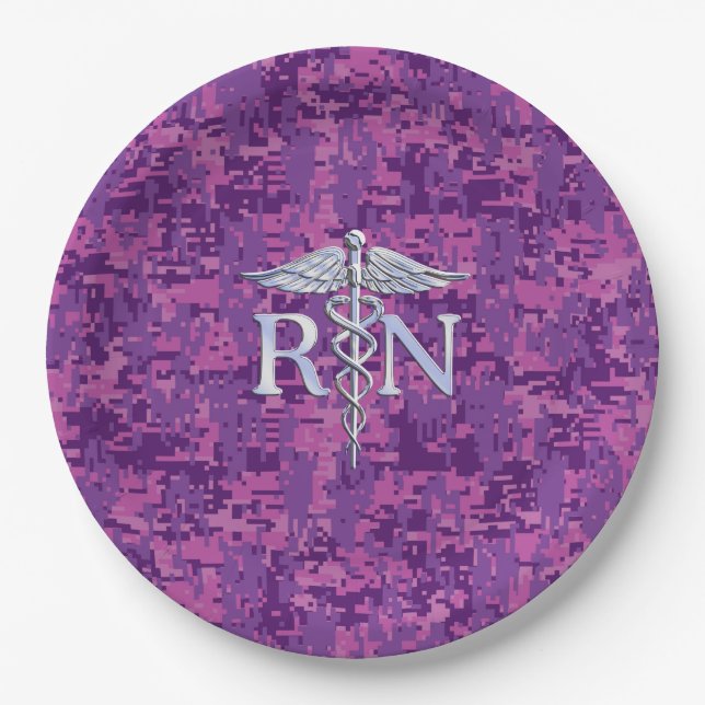 Registered Nurse Silver Caduceus Pink Camouflage Paper Plate (Front)