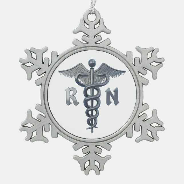 Registered Nurse Symbol Snowflake Pewter Christmas Ornament (Front)