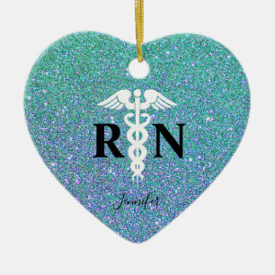 Registered Nurse Teal Blue Glitter Monogram Heart Ceramic Tree Decoration