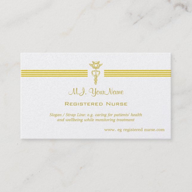 Registered Nurse with golden caduceus logo Business Card (Front)
