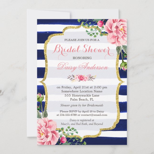 (Registry) Bridal Shower Navy Blue Stripes Flowers Invitation (Front)