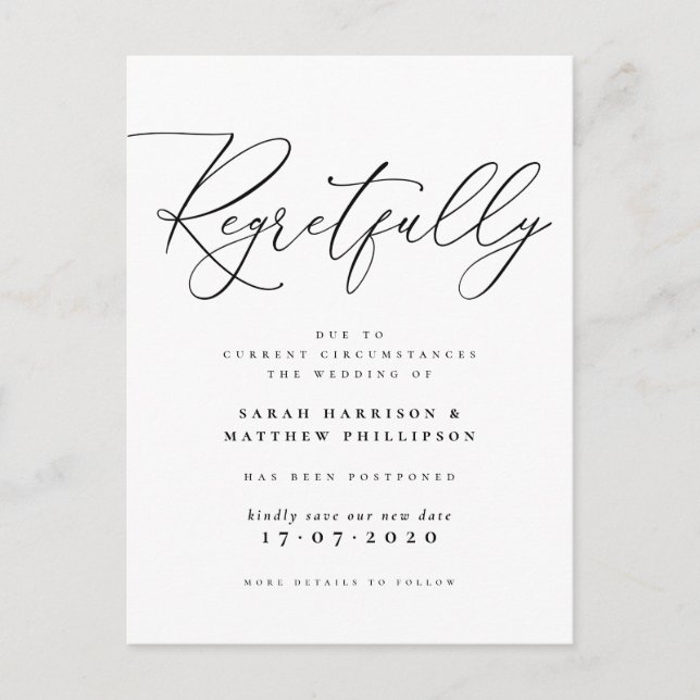 Regretfully Black & White Postponed Wedding Invitation Postcard (Front)