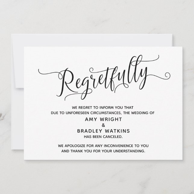Regretfully Elegant Cancelled Wedding Card (Front)