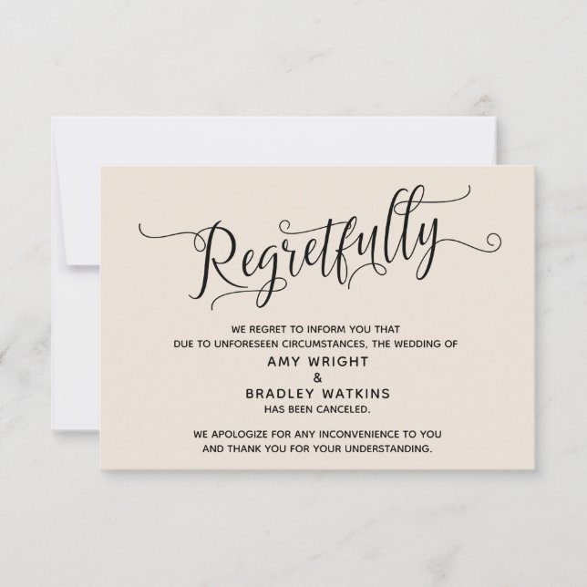Regretfully Elegant Cream Cancelled Wedding Card (Front)