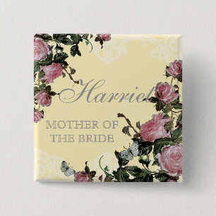 Rehearsal Bridal Party tags, Trellis Rose Vintage 15 Cm Square Badge