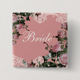 Rehearsal Bridal Party tags, Trellis Rose Vintage 15 Cm Square Badge