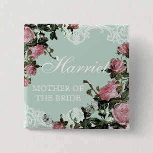 Rehearsal Bridal Party tags, Trellis Rose Vintage 15 Cm Square Badge