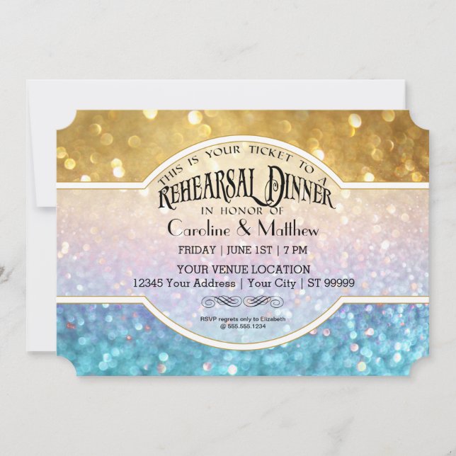 Rehearsal Dinne Bokeh Movie Ticket Style Gold Blue Invitation (Front)