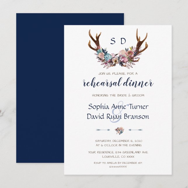 Rehearsal Dinner | Antlers Dusty Blue Pink Floral Invitation (Front/Back)