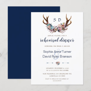 Rehearsal Dinner Antlers Dusty Blue Pink Floral Invitation
