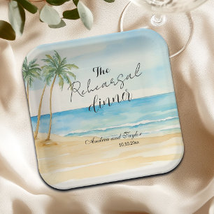 Rehearsal Dinner Beach and Palm Trees Wedding Paper Plate