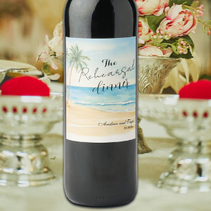 Rehearsal Dinner Beach and Palm Trees Wedding Wine Label