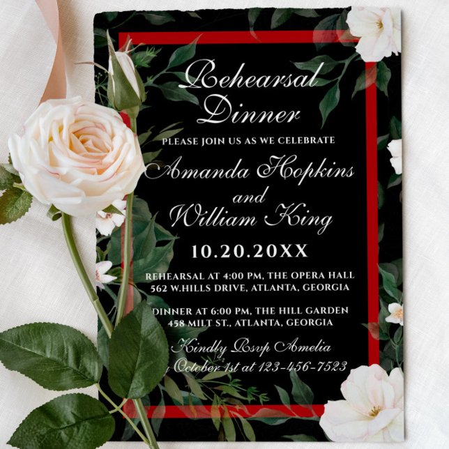 Rehearsal Dinner Black and Red Elegant Floral Invitation (Creator Uploaded)