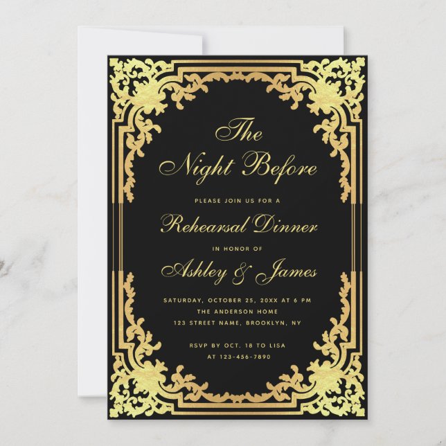 Rehearsal Dinner Black Faux Gold Elegant Vintage Invitation (Front)