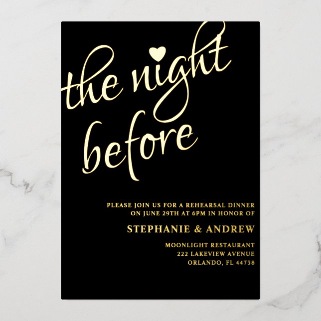 Rehearsal Dinner Black & Gold Wedding Invitation (Front)