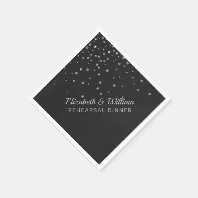 Rehearsal Dinner | Black Silver Confetti Wedding Napkin (Corner)